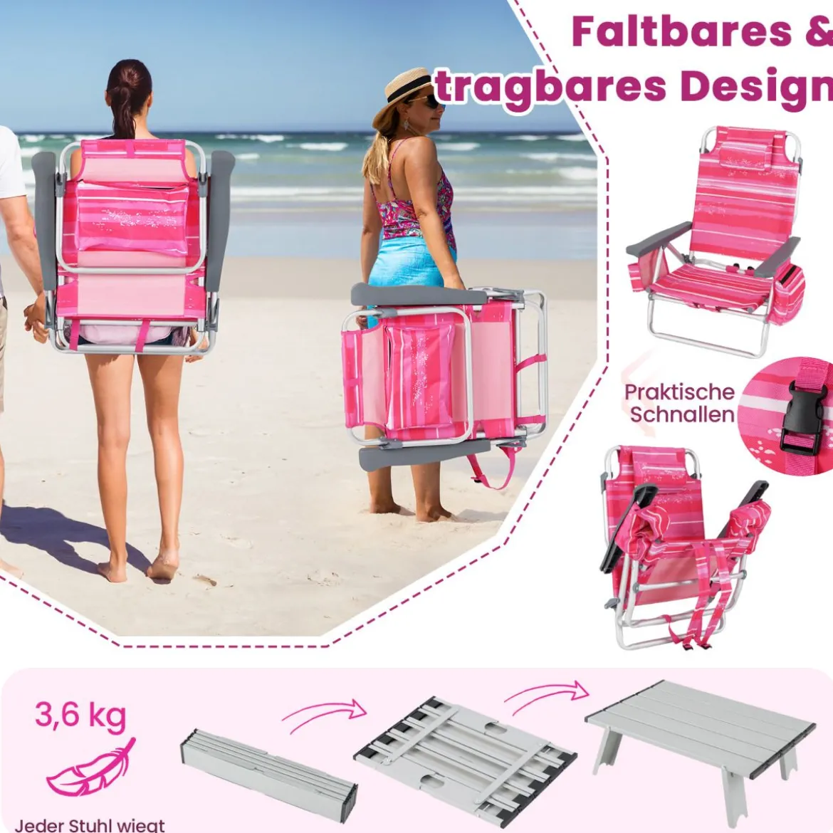 2er Set Strandstühle mit Tisch Klappbare Campingstühle mit Verstellbarer Rückenlehne