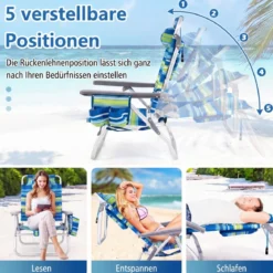 2er Set Strandstühle mit Tisch Klappbare Campingstühle mit Verstellbarer Rückenlehne