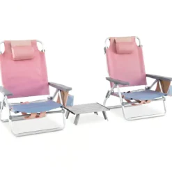 2er Set Strandstühle mit Tisch Klappbare Campingstühle mit Verstellbarer Rückenlehne