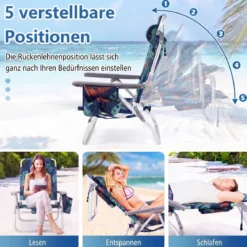 2er Set Strandstühle mit Tisch Klappbare Campingstühle mit Verstellbarer Rückenlehne