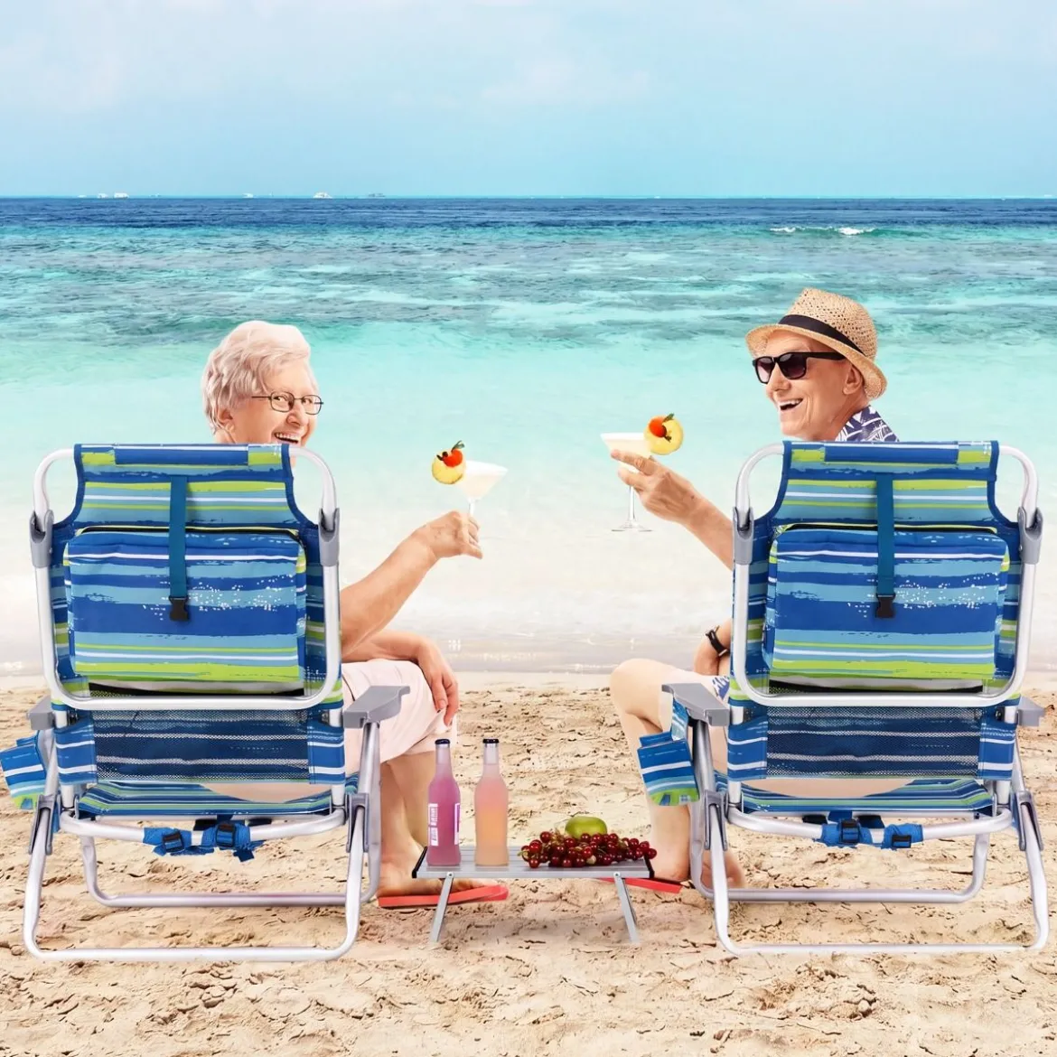 2er Set Strandstühle mit Tisch Klappbare Campingstühle mit Verstellbarer Rückenlehne