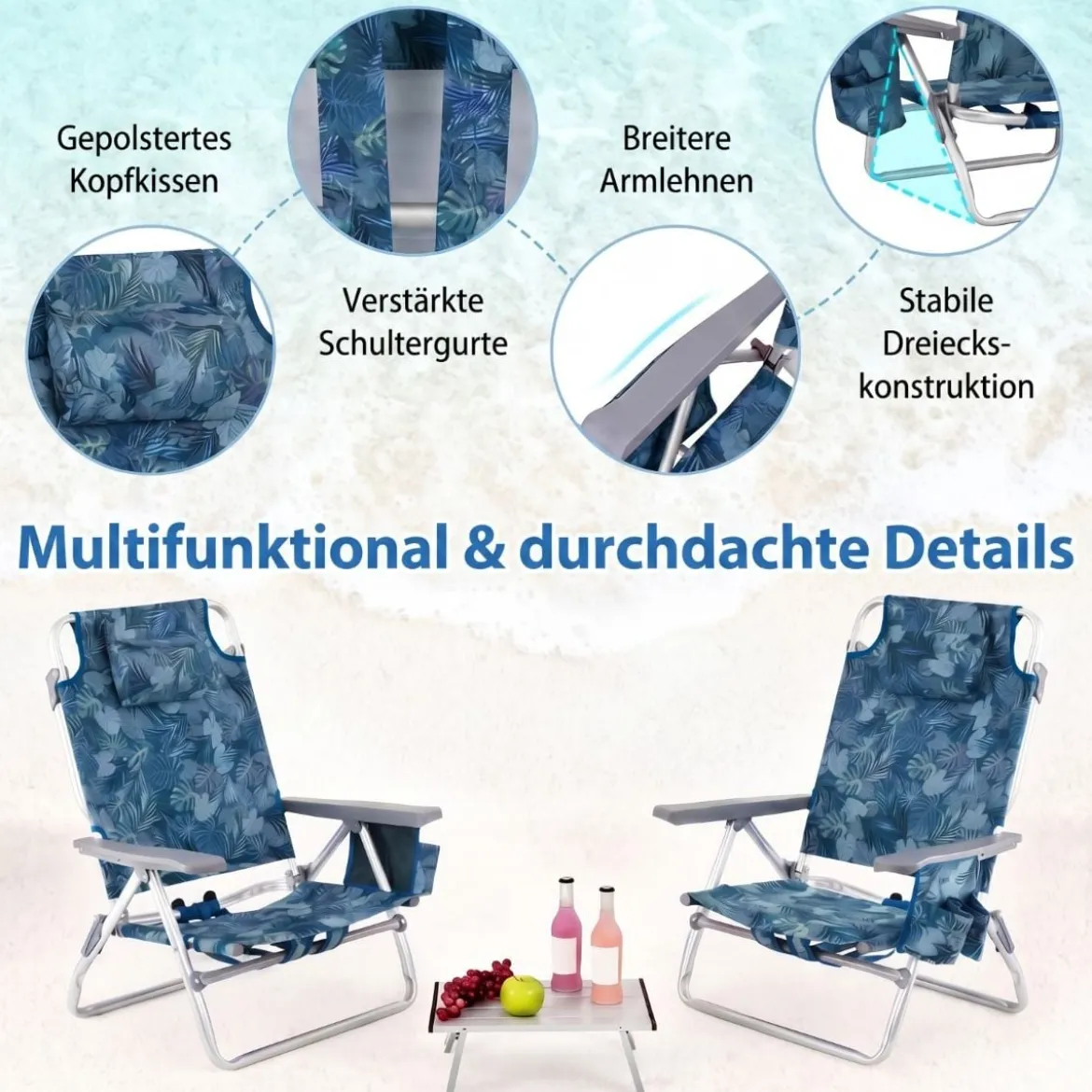 2er Set Strandstühle mit Tisch Klappbare Campingstühle mit Verstellbarer Rückenlehne