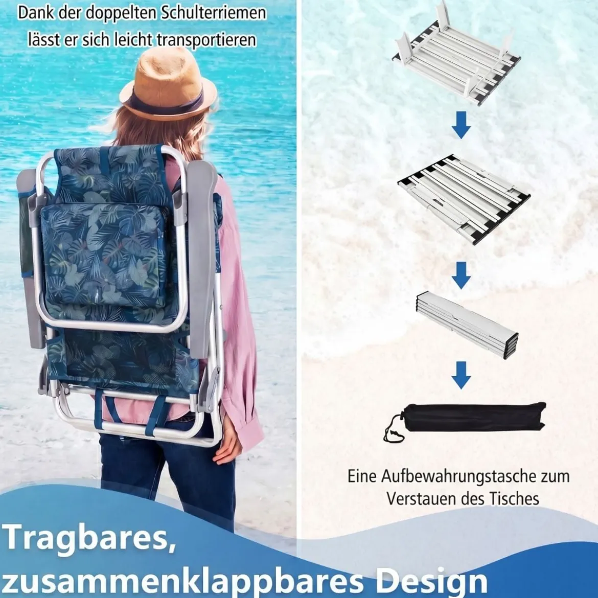2er Set Strandstühle mit Tisch Klappbare Campingstühle mit Verstellbarer Rückenlehne