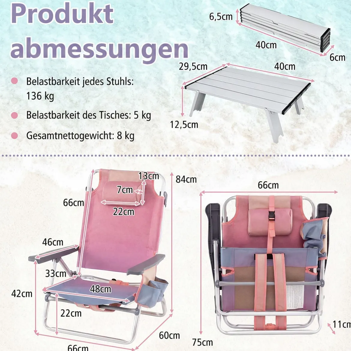 2er Set Strandstühle mit Tisch Klappbare Campingstühle mit Verstellbarer Rückenlehne