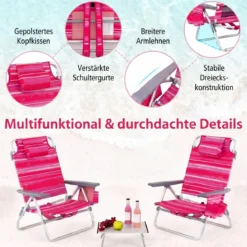 2er Set Strandstühle mit Tisch Klappbare Campingstühle mit Verstellbarer Rückenlehne