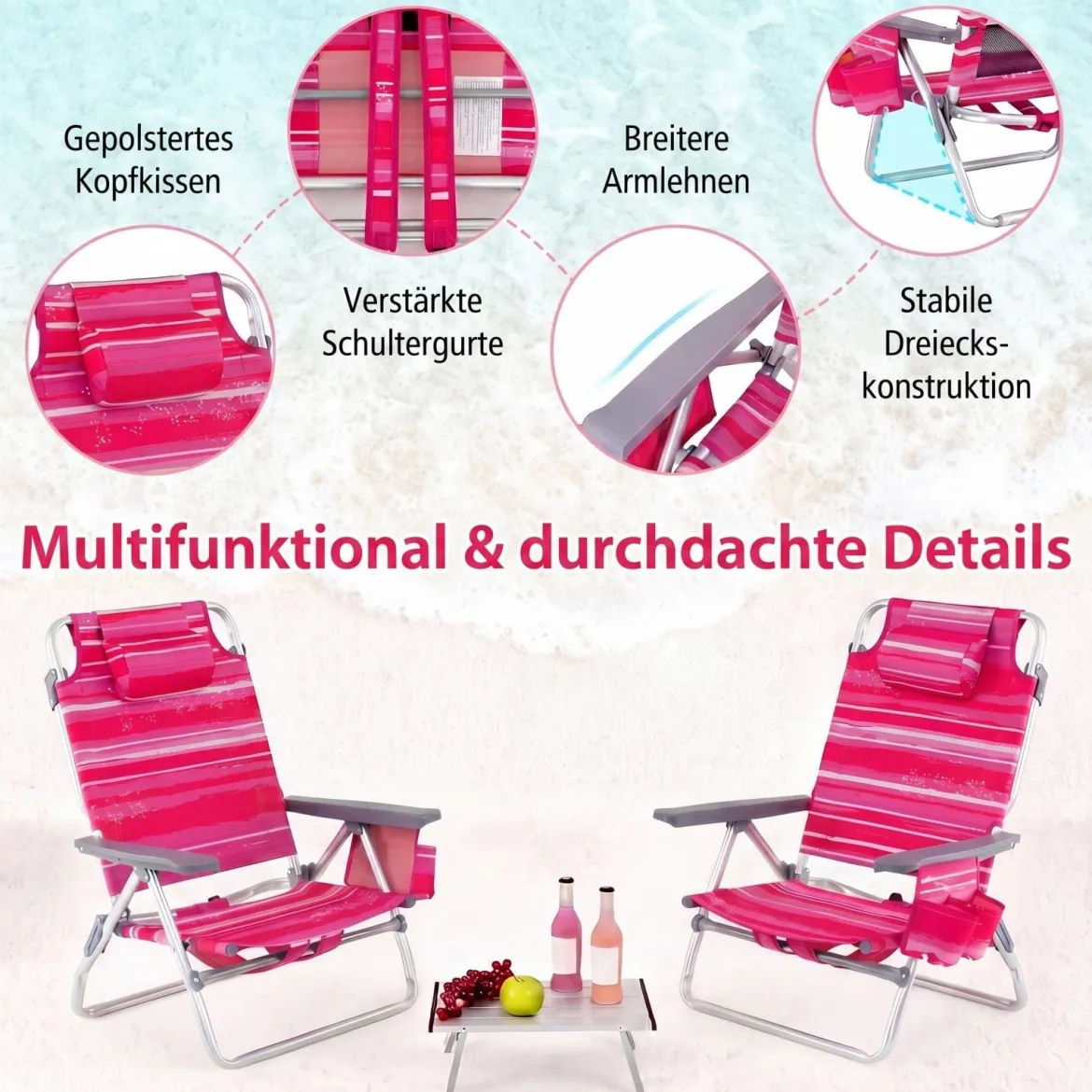 2er Set Strandstühle mit Tisch Klappbare Campingstühle mit Verstellbarer Rückenlehne