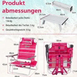 2er Set Strandstühle mit Tisch Klappbare Campingstühle mit Verstellbarer Rückenlehne