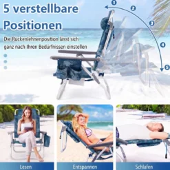2er Set Strandstühle mit Tisch Klappbare Campingstühle mit Verstellbarer Rückenlehne