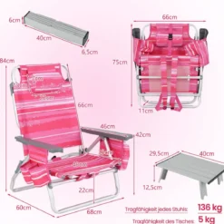 2er Set Strandstühle mit Tisch Klappbare Campingstühle mit Verstellbarer Rückenlehne