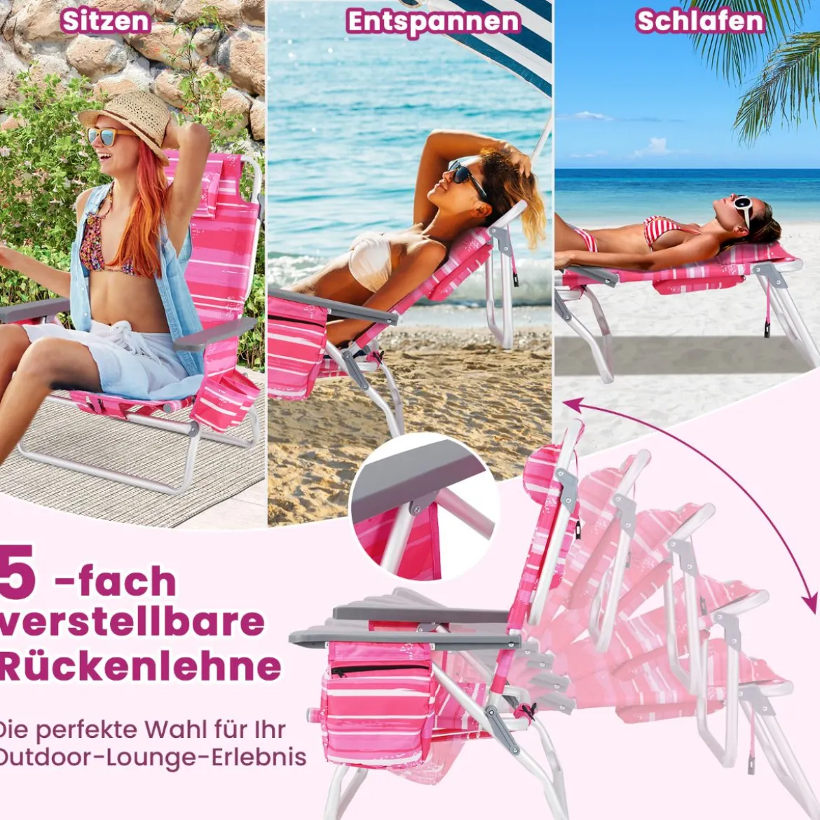 2er Set Strandstühle mit Tisch Klappbare Campingstühle mit Verstellbarer Rückenlehne