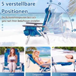 2er Set Strandstühle mit Tisch Klappbare Campingstühle mit Verstellbarer Rückenlehne