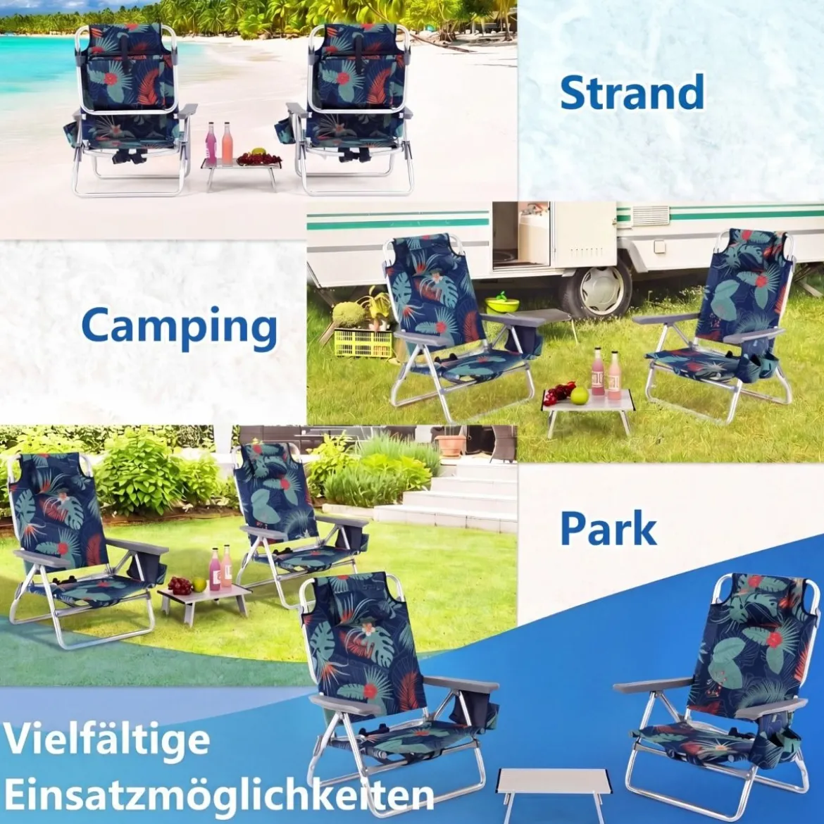 2er Set Strandstühle mit Tisch Klappbare Campingstühle mit Verstellbarer Rückenlehne