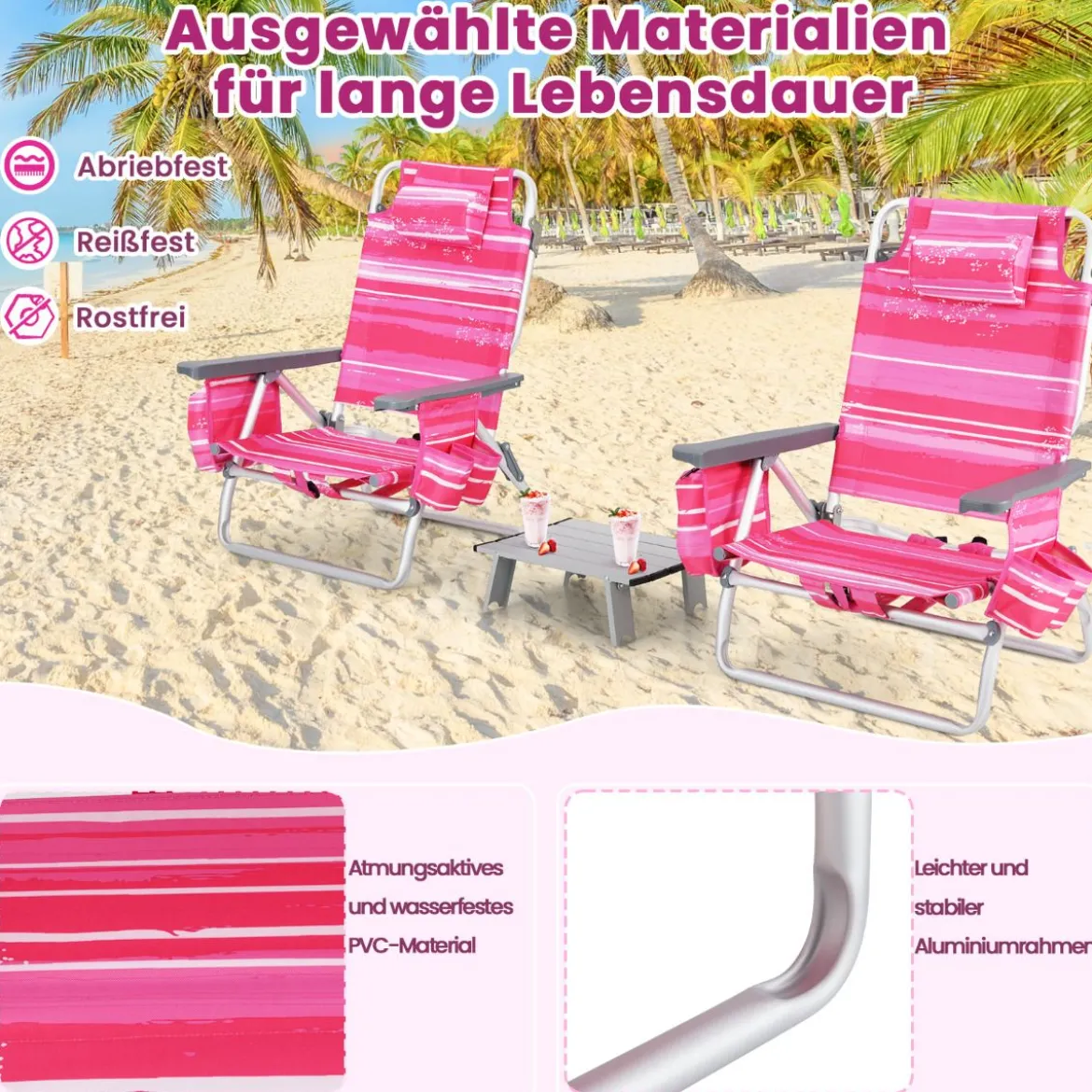 2er Set Strandstühle mit Tisch Klappbare Campingstühle mit Verstellbarer Rückenlehne