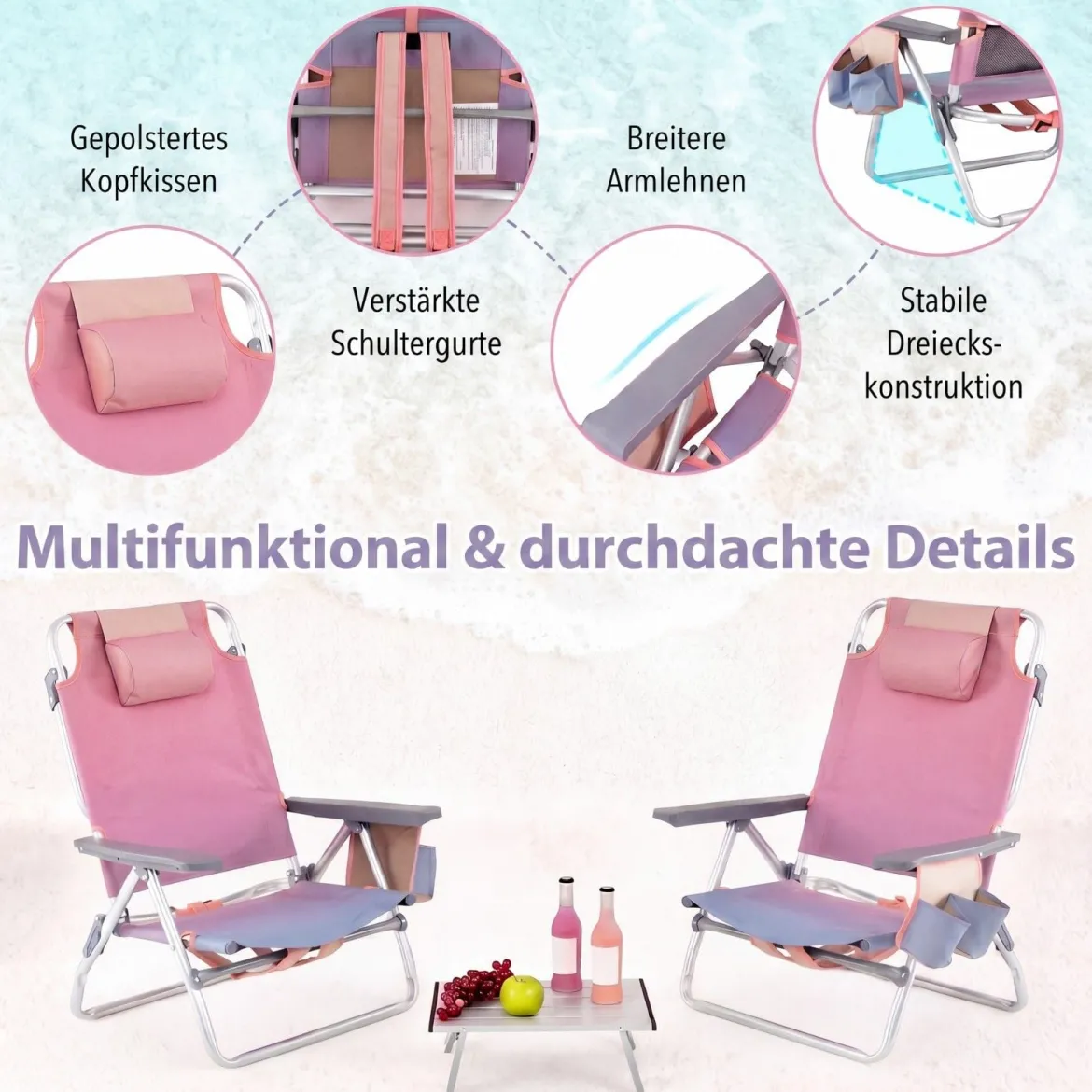 2er Set Strandstühle mit Tisch Klappbare Campingstühle mit Verstellbarer Rückenlehne