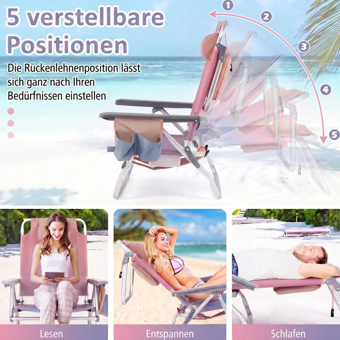 2er Set Strandstühle mit Tisch Klappbare Campingstühle mit Verstellbarer Rückenlehne