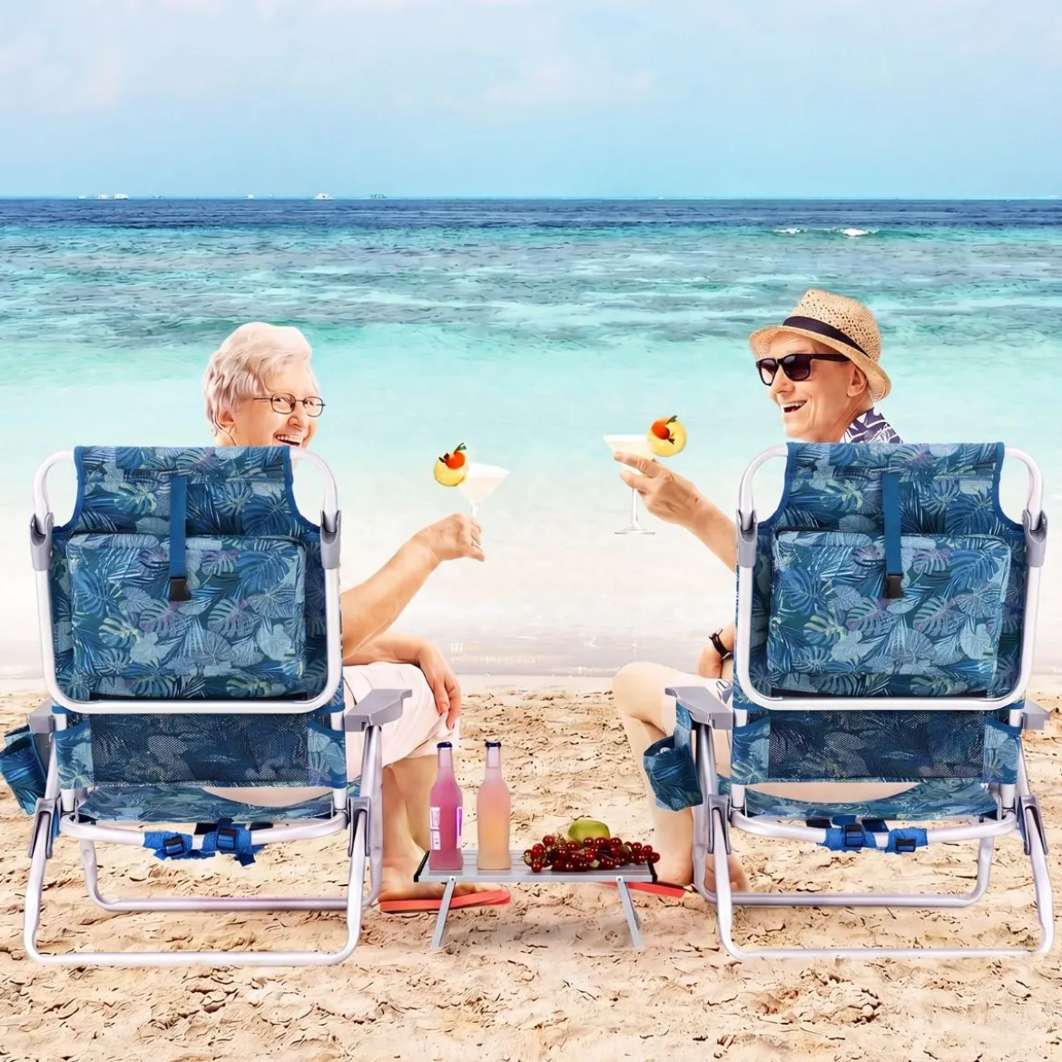 2er Set Strandstühle mit Tisch Klappbare Campingstühle mit Verstellbarer Rückenlehne