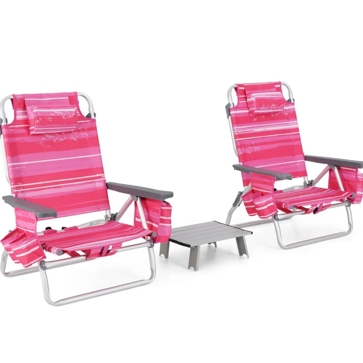2er Set Strandstühle mit Tisch Klappbare Campingstühle mit Verstellbarer Rückenlehne
