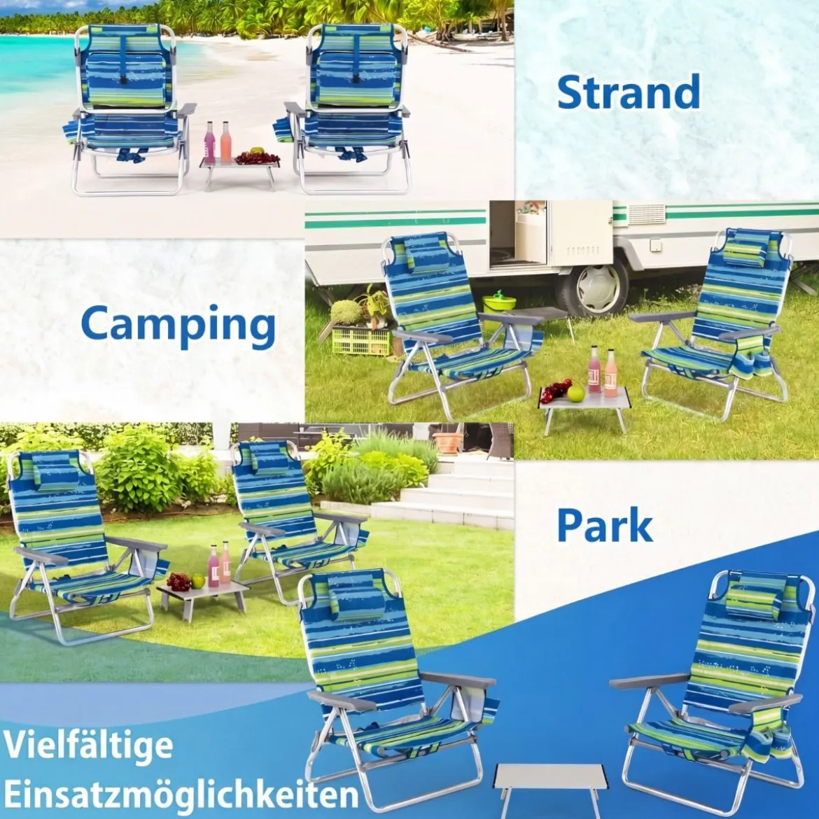 2er Set Strandstühle mit Tisch Klappbare Campingstühle mit Verstellbarer Rückenlehne