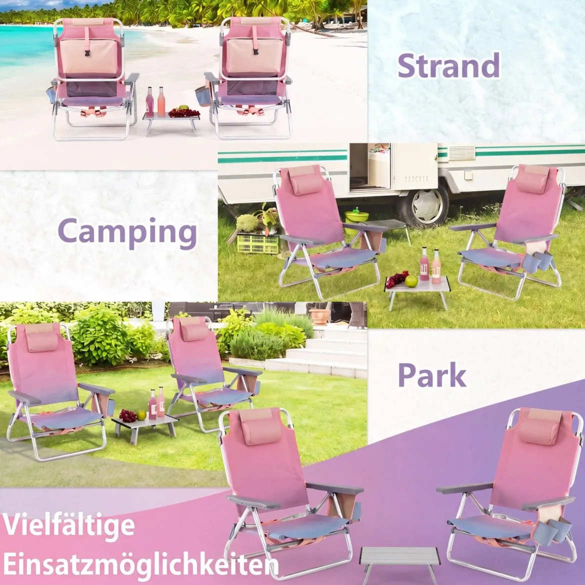2er Set Strandstühle mit Tisch Klappbare Campingstühle mit Verstellbarer Rückenlehne