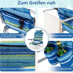 2er Set Strandstühle mit Tisch Klappbare Campingstühle mit Verstellbarer Rückenlehne
