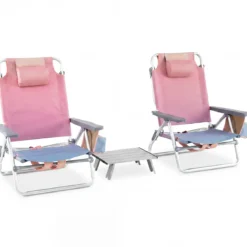 2er Set Strandstühle mit Tisch Klappbare Campingstühle mit Verstellbarer Rückenlehne