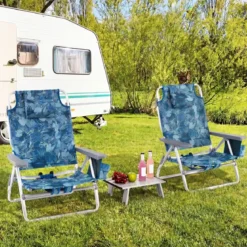 2er Set Strandstühle mit Tisch Klappbare Campingstühle mit Verstellbarer Rückenlehne