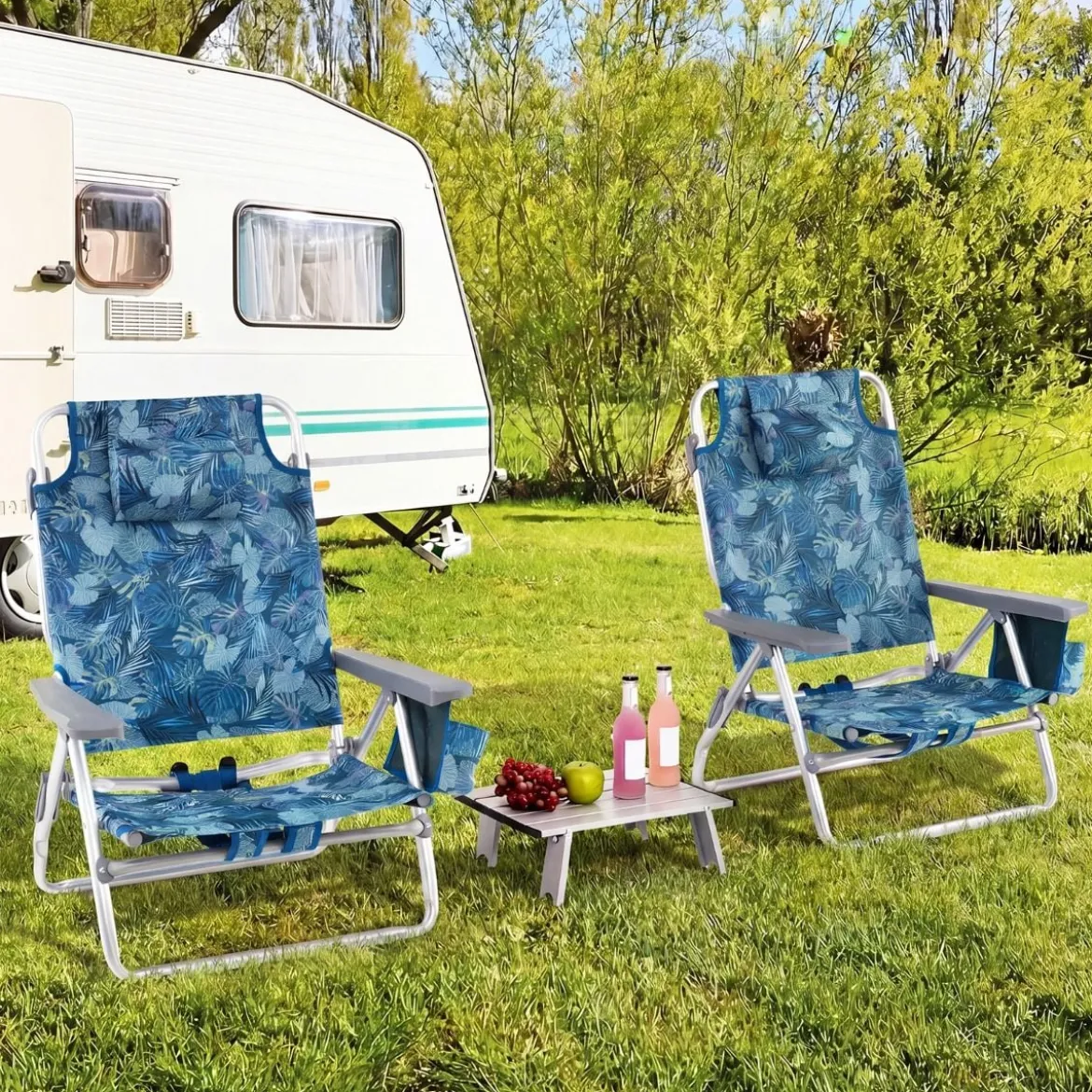 2er Set Strandstühle mit Tisch Klappbare Campingstühle mit Verstellbarer Rückenlehne