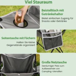 2er Set Strandstuhl faltbarer Picknickstuhl mit 5 Positionen verstellbarer Rückenlehne mit Armlehnen Grau