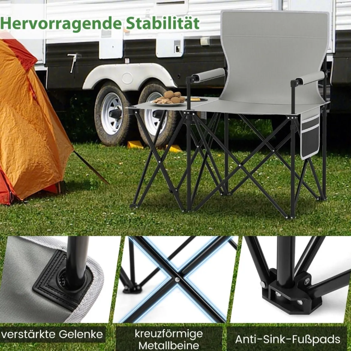 2er Set Strandstuhl faltbarer Picknickstuhl mit 5 Positionen verstellbarer Rückenlehne mit Armlehnen Grau