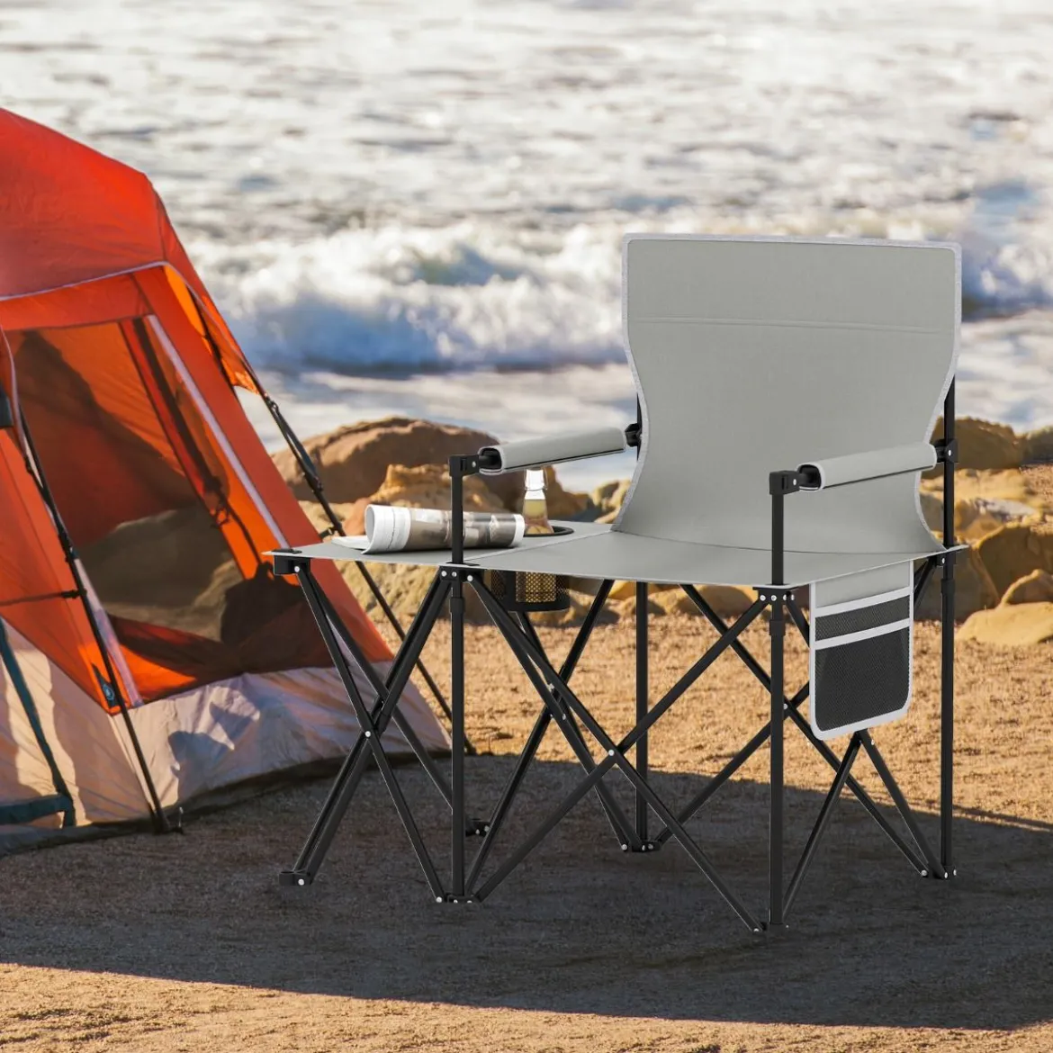 2er Set Strandstuhl faltbarer Picknickstuhl mit 5 Positionen verstellbarer Rückenlehne mit Armlehnen Grau
