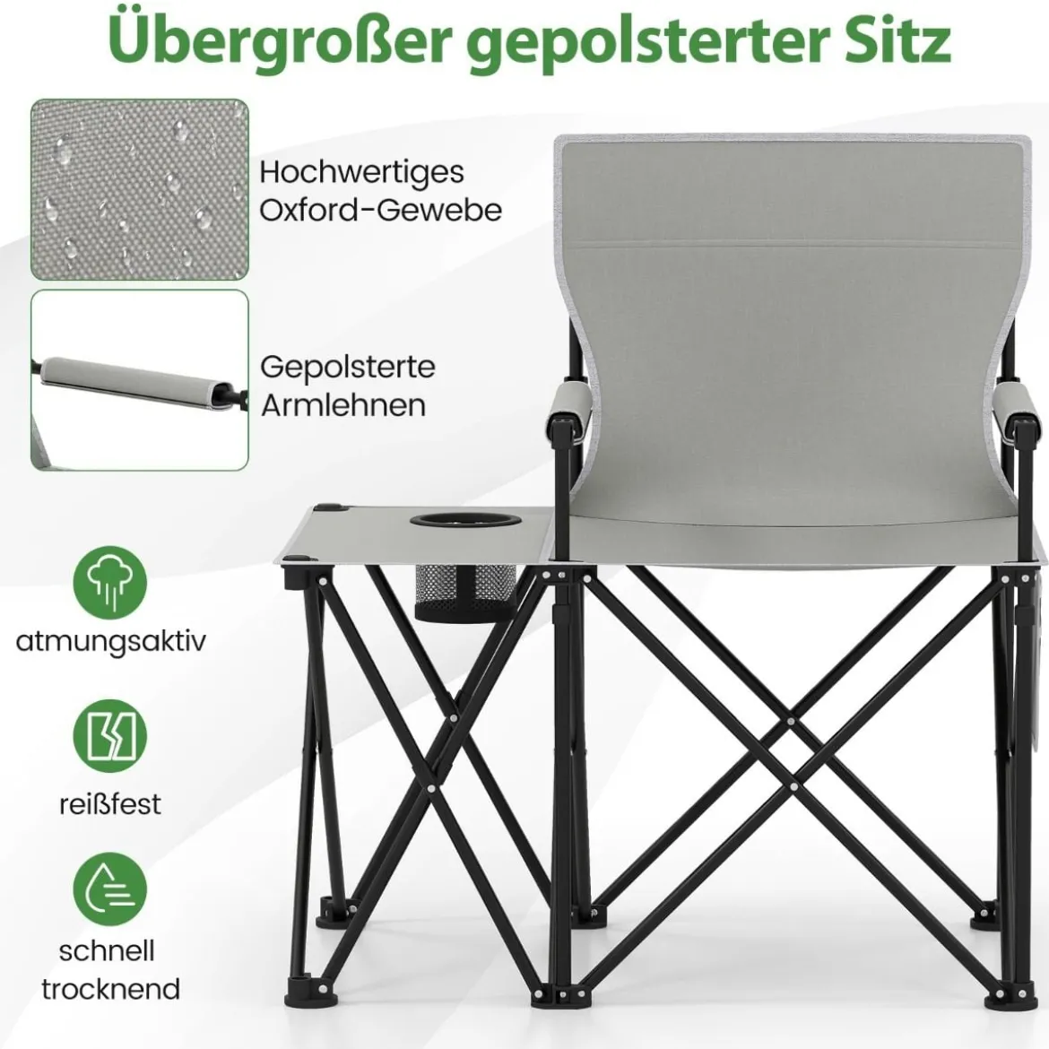 2er Set Strandstuhl faltbarer Picknickstuhl mit 5 Positionen verstellbarer Rückenlehne mit Armlehnen Grau