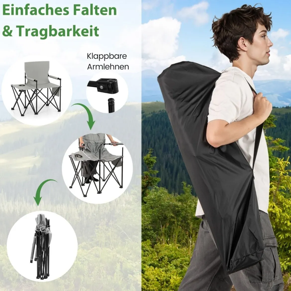 2er Set Strandstuhl faltbarer Picknickstuhl mit 5 Positionen verstellbarer Rückenlehne mit Armlehnen Grau