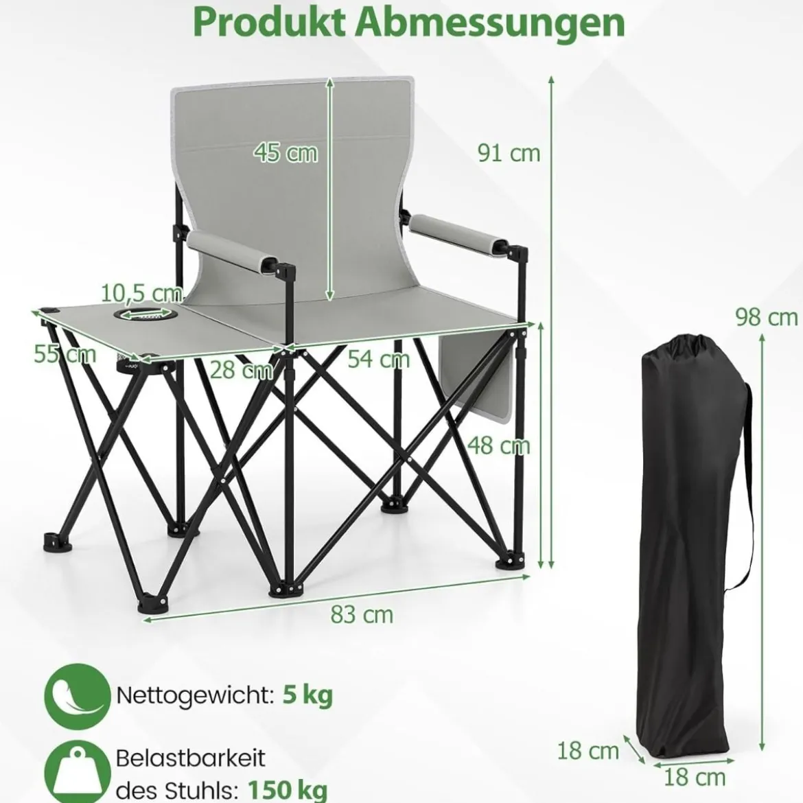 2er Set Strandstuhl faltbarer Picknickstuhl mit 5 Positionen verstellbarer Rückenlehne mit Armlehnen Grau