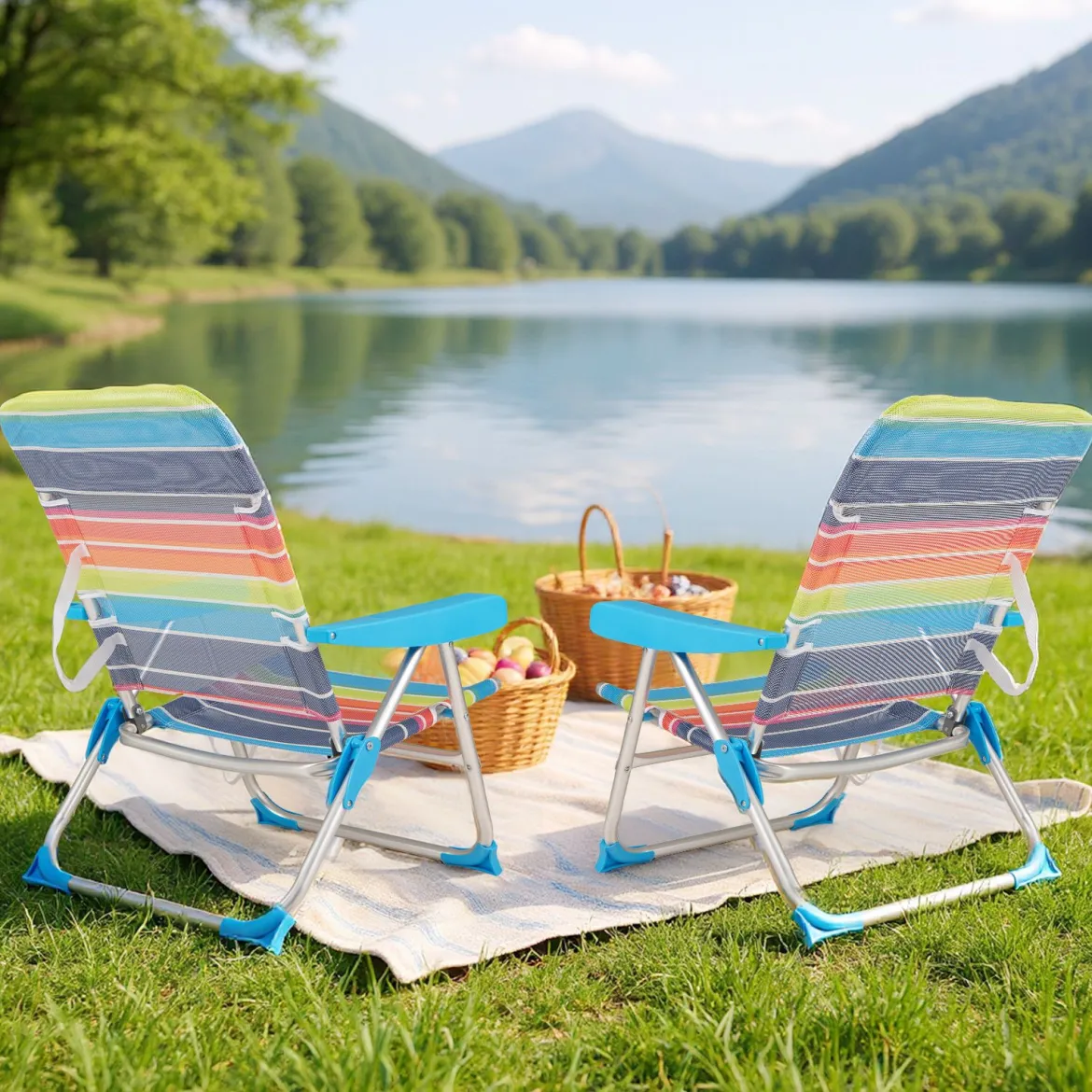 2er Set Strandstuhl faltbarer Picknickstuhl mit 5 Positionen verstellbarer Rückenlehne mit Armlehnen Bunt