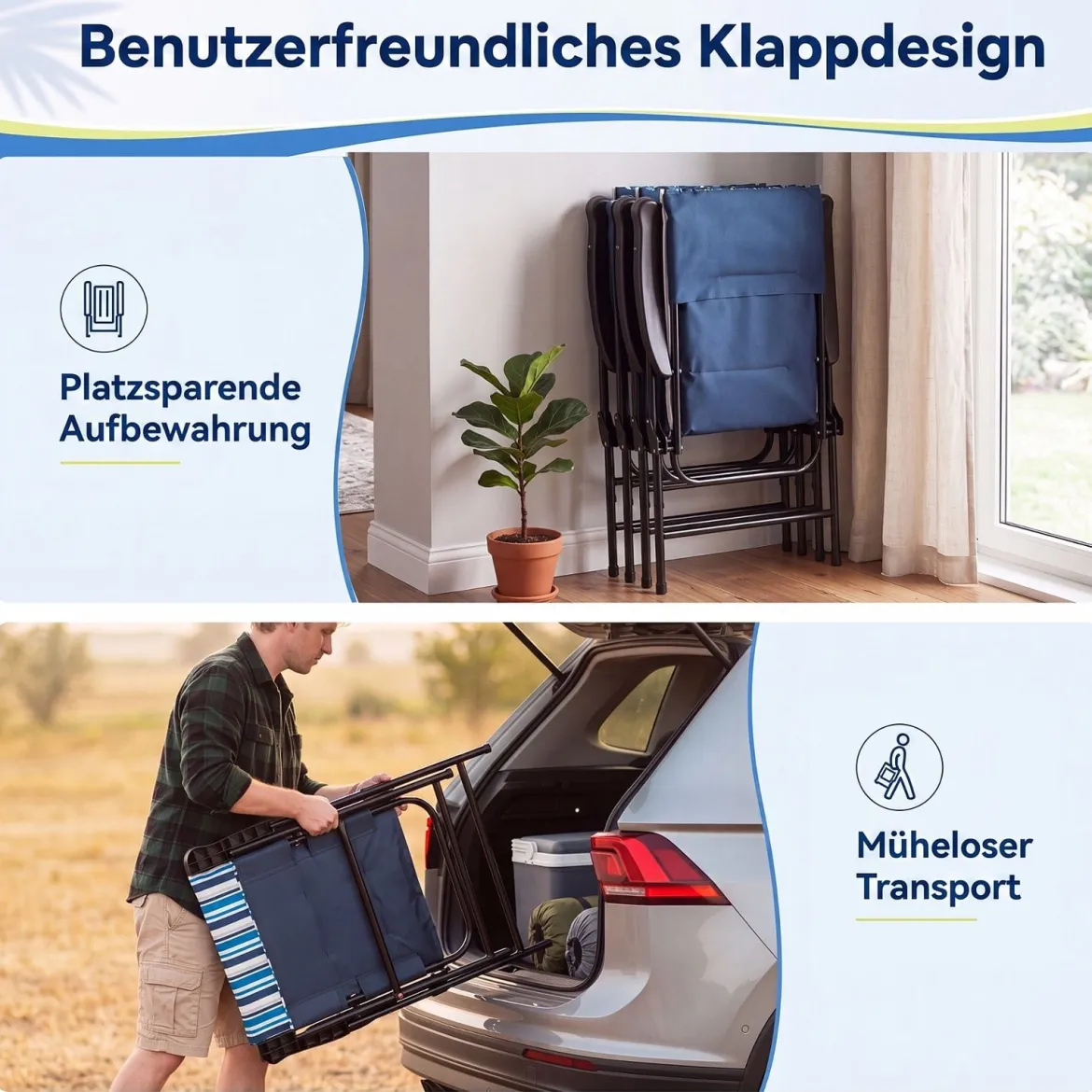 2er Set Strandstuhl Klappbar Campingstuhl mit Hoher Rückenlehne Armlehnen und Breiter Sitzfläche bis 150 kg Belastbar