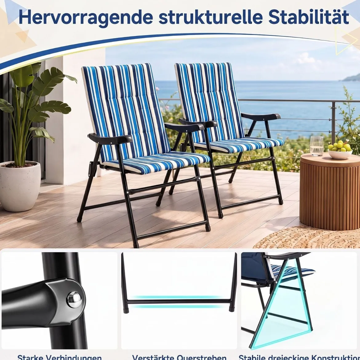 2er Set Strandstuhl Klappbar Campingstuhl mit Hoher Rückenlehne Armlehnen und Breiter Sitzfläche bis 150 kg Belastbar