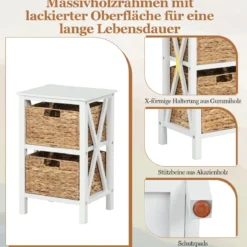 2er Set 3-stufiger Nachttisch mit 2 Seegraskörben & X-Design Schmaler Beistelltisch Weiß