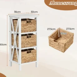 2er Set 4-stufiger Nachttisch mit 3 Seegraskörben & X-Design Schmaler Beistelltisch Weiß