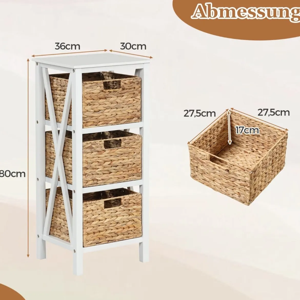 2er Set 4-stufiger Nachttisch mit 3 Seegraskörben & X-Design Schmaler Beistelltisch Weiß