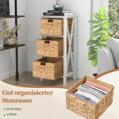 2er Set 4-stufiger Nachttisch mit 3 Seegraskörben & X-Design Schmaler Beistelltisch Weiß