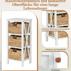 2er Set 4-stufiger Nachttisch mit 3 Seegraskörben & X-Design Schmaler Beistelltisch Weiß