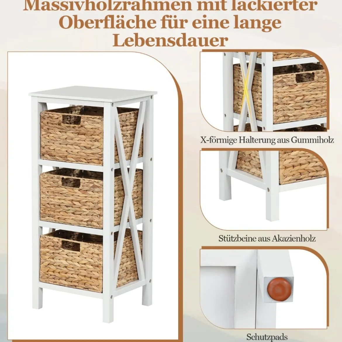 2er Set 4-stufiger Nachttisch mit 3 Seegraskörben & X-Design Schmaler Beistelltisch Weiß