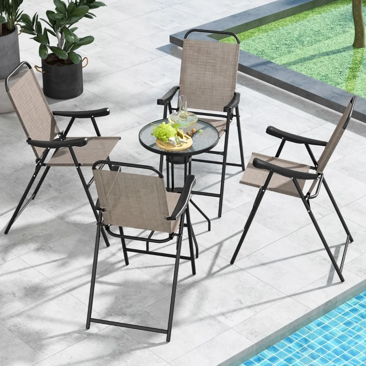 2er Set Terrassen-Barhocker mit Metallrahmen & Fußstütze Klappbarer Barstuhl Kaffee