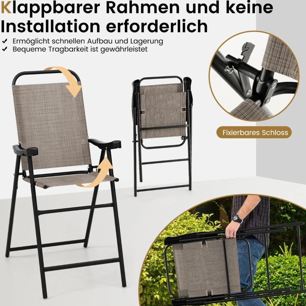 2er Set Terrassen-Barhocker mit Metallrahmen & Fußstütze Klappbarer Barstuhl Kaffee