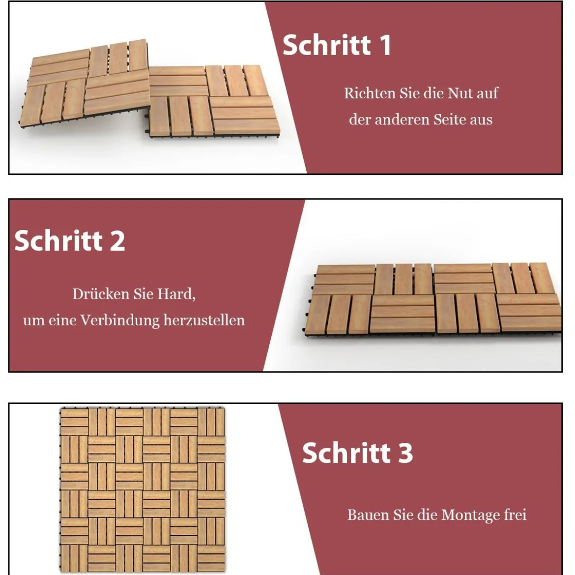 10er Set Terrassenfliesen Holz Bodenfliesen Akazienholz 30,5 x 30,5 x 2,5 cm Braun