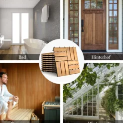 10er Set Terrassenfliesen Holz Bodenfliesen Akazienholz 30,5 x 30,5 x 2,5 cm Braun