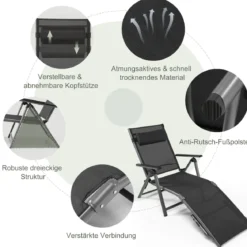 2er Set Terrassenliegestuhl Outdoor-Terrassenstuhl Klappliege mit 8 verstellbaren Rücken Schwarz