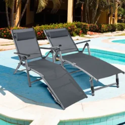 2er Set Terrassenliegestuhl Outdoor-Terrassenstuhl Klappliege mit 8 verstellbaren Rücken Schwarz