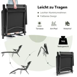 2er Set Terrassenliegestuhl Outdoor-Terrassenstuhl Klappliege mit 8 verstellbaren Rücken Schwarz