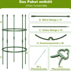 3er Set Tomaten Rankhilfe mit Verstellbare Höhe & 2 Ringe Pflanzenkäfig Pflanzenstütze 102 cm Hoch